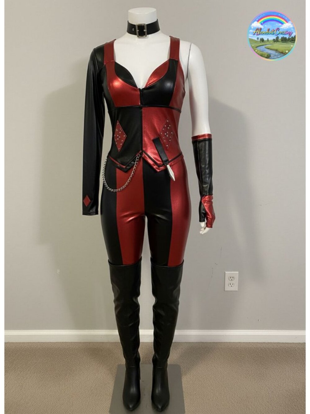 Women's Harlequin Blaster Costume Jumpsuit with Gloves, Choker, Knife